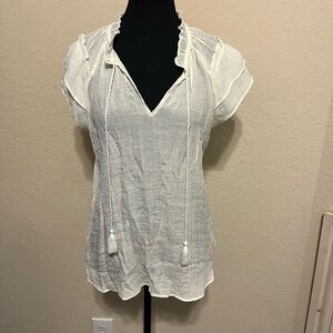 Cream Puff Sleeve Blouse with Ruffled Tie Front